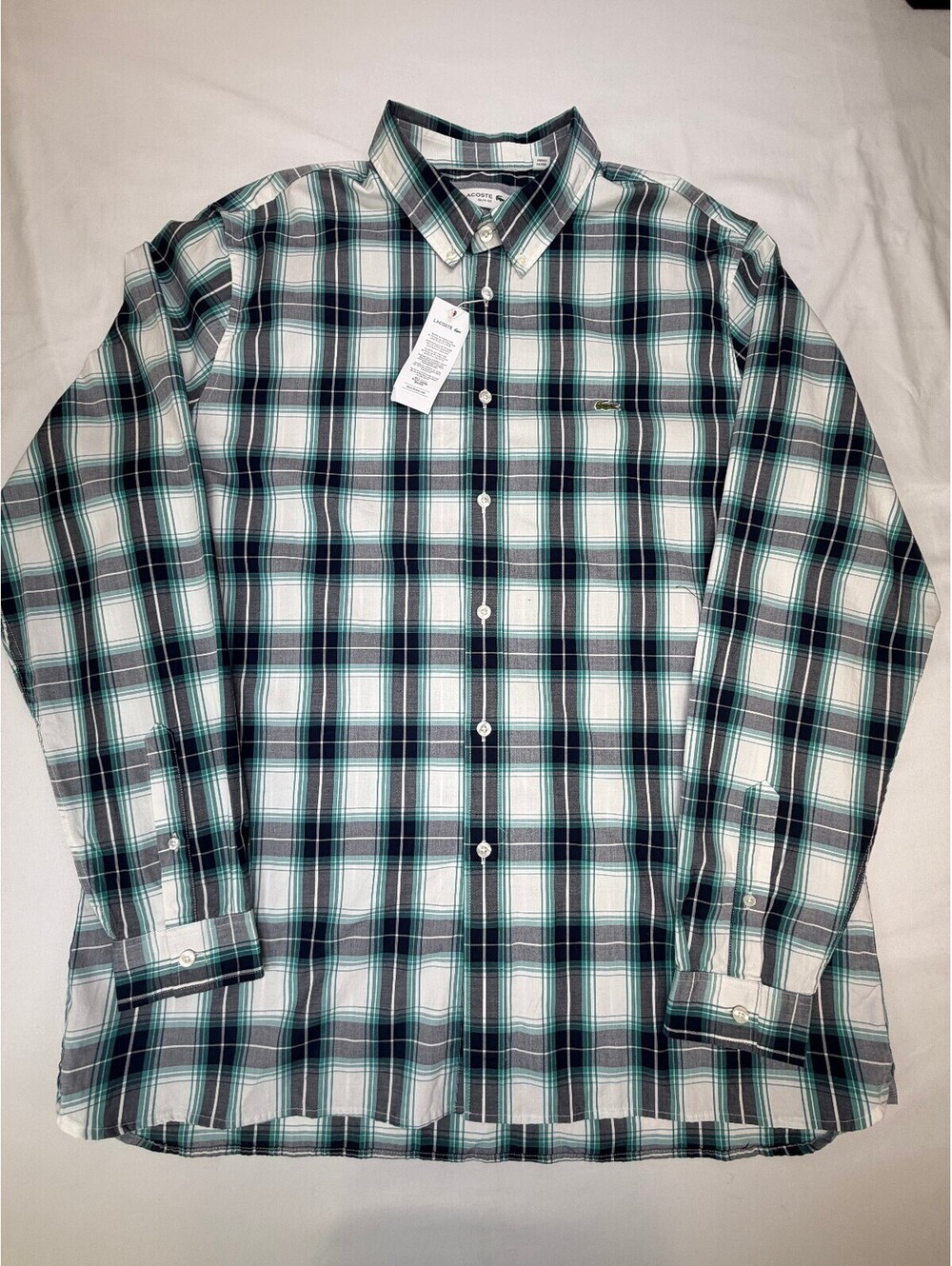 Lacoste Men's Button Down Shirt Long Sleeve Slim Fit Plaid XL Green White NWT